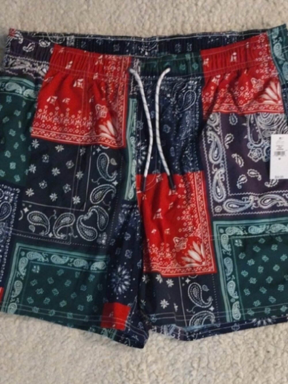 NWT Gap Size Medium Patchwork Swim Trunks Red Green Blue Paisley Bandana Print